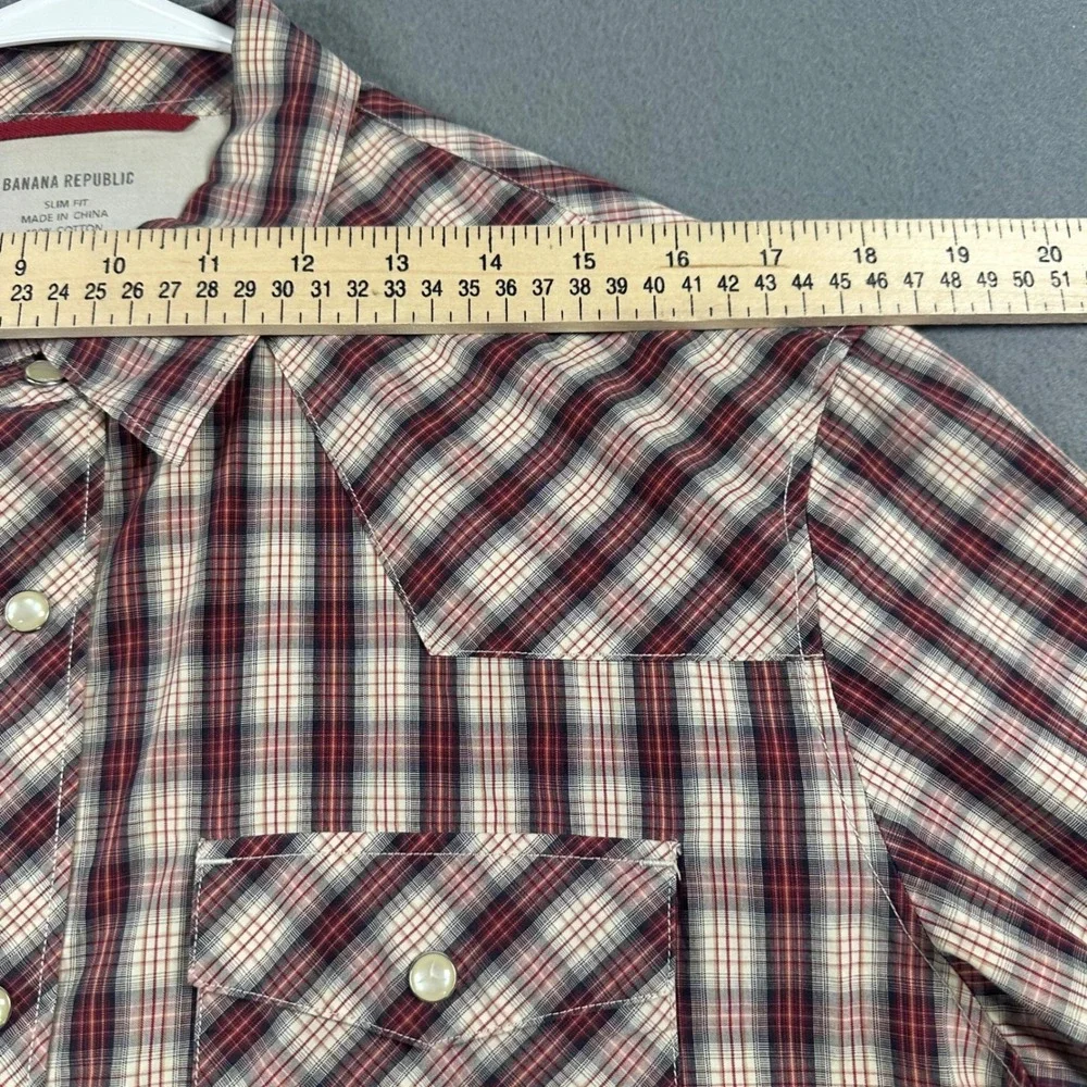 Banana Republic Mens Slim Fit Western Plaid Snap Button Shirt Red Cream Large